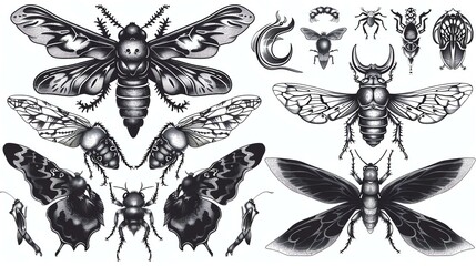A collection of hand-drawn insects, perfect for adding a touch of nature to your designs. - obrazy, fototapety, plakaty