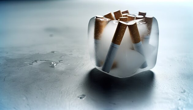 A thought-provoking image showcases cigarettes encapsulated in a block of ice, symbolizing cessation, on a cold, textured surface with water droplets hinting at melting.