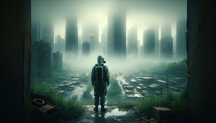 Amid mist-shrouded ruins, a lone explorer navigates the remnants of a once-thriving city overtaken by nature, creating a poignant post-apocalyptic scene. - obrazy, fototapety, plakaty
