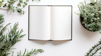 Mock-up of blank pages of an open notebook with copy-space for text on a white background with tropical green branches and herbs decoration.