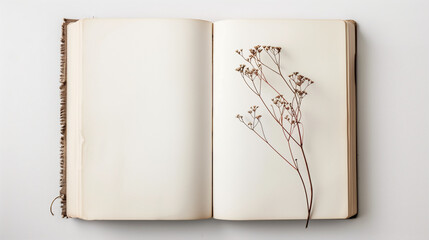 Mock-up of blank pages of an open notebook with copy-space for text on a white background with dry branches of autumn little flowers decoration on a page.