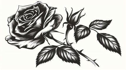 A beautiful black and white drawing of a rose. The rose is in full bloom and has a long stem with thorns. The leaves are detailed and delicate.