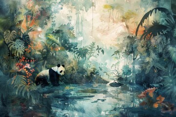Watercolor painting of a panda beside a stream in the forest. It's a mammal. The giant panda's distinctive
 feature is the black fur around its eyes, ears, shoulders, and four legs. 