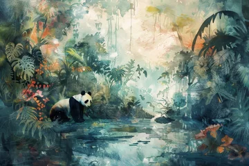 Fotobehang Watercolor painting of a panda beside a stream in the forest. It's a mammal. The giant panda's distinctive  feature is the black fur around its eyes, ears, shoulders, and four legs.  © ongart
