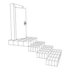 Stairway path to open door. Steps leading into the future concept. Wireframe low poly mesh vector illustration