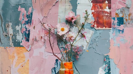 This painting contains abstract elements, metal elements, texture backgrounds, and flowers, plants, and flowers arranged in a vase.