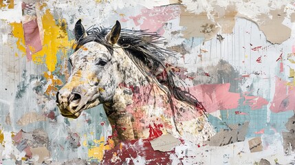 Abstract painting with metal elements, textured background, animals, horses,