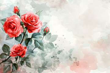 Elegant Watercolor Red Roses with Splashes on Beige Background