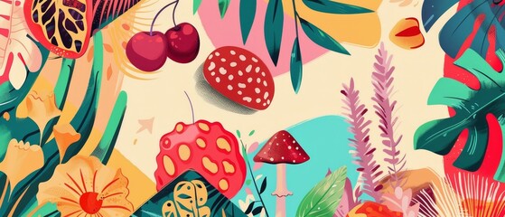 A retro psychedelic set of hippie elements featuring funky mushrooms, flowers, musical instruments, and decorative disco lamps. Modern illustration. - obrazy, fototapety, plakaty