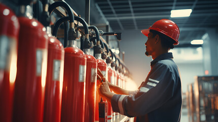  Photogenic Image of Engineer Man Checking and Inspecting Fire Extinguisher in Power Plant, Generative AI Technology