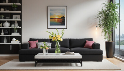 modern style Livingroom with black coffee table decorated with flower vase and candles -   colorful background