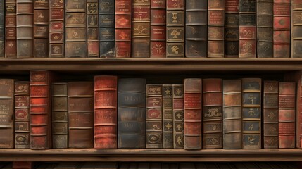 A beautiful image of a library with books neatly arranged on wooden shelves. The books are old and dusty, with leather bindings and gold lettering.
