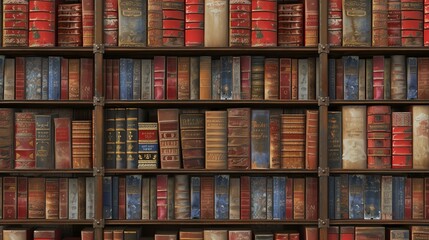 A beautiful seamless texture of a vintage bookshelf. This image features a wall of wooden shelves filled with a variety of old books. - obrazy, fototapety, plakaty