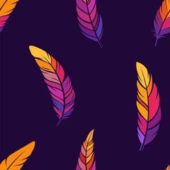 Feathers seamless vector color pattern. Yellow, red, orange, purple, color feathers. Vector colorful flat design pattern. Bird feathers vector seamless pattern.