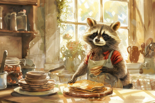 Cute raccoon is baking pancakes, in a bright beautiful kitchen, the sun is shining through the window, soft and muted colors, thin and detailed lines, fantasy, detailed watercolor illustration.