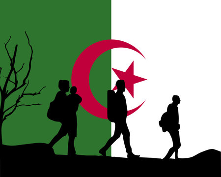 Immigration and refugees front of Algeria flag, immigrant and refugee concept