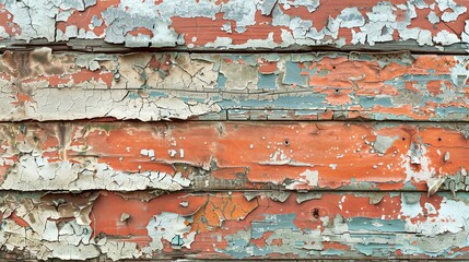 Old wooden fence with peeling red and blue paint. The wood grain is visible through the cracks in the paint. The fence is in need of repair.