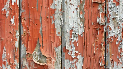 Old wooden fence with peeling red paint. Weathered and rustic texture.