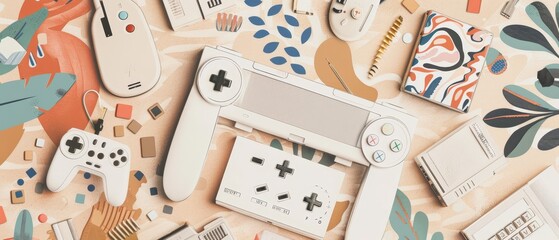 A retro video game console, computer, floppy disc set with dotted halftone texture for your trendy collages.