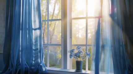 Blue curtains fluttering in the wind against the background of a room window.