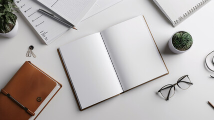 Mock-up of blank pages of an open notebook with copy-space for text on a white background with a coffee cup, glasses, stationary and working stuff decorations.