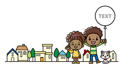 Obraz na płótnie Canvas Illustration of black children with balloons standing in a residential area