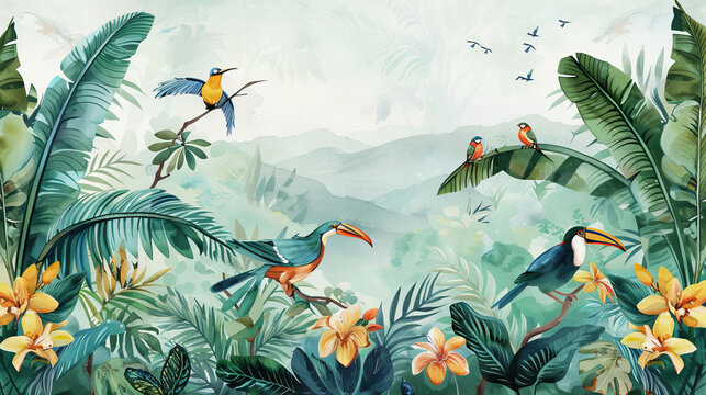 Watercolor pattern wallpaper. Painting of a jungle landscape with birds