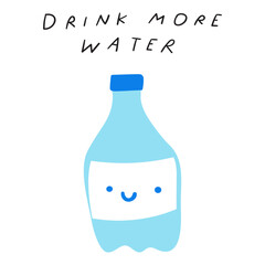 Drink more water. Cute water bottle. Healthy lifestyle. Graphic design. Flat hand drawn vector illustration