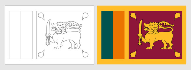 Sri Lanka flag - coloring page. Set of white wireframe thin black outline flag and original colored flag.