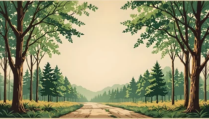 Zelfklevend Fotobehang country road landscape illustration, vintage, simple © Michelle D. Parker
