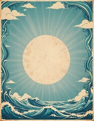 ocean waves and sunburst frame border, worn paper, vintage, retro