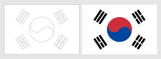 South Korea flag - coloring page. Set of white wireframe thin black outline flag and original colored flag.