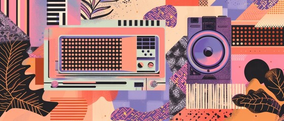 Modern illustration with grunge punk cutout shapes. Vintage hi-fi cassette tape, floppy disc, computer in dotted Y2K style. - obrazy, fototapety, plakaty