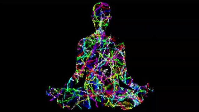 Yoga symbol with colorful electric sparks on plain black background