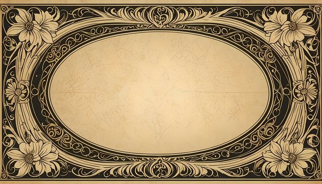 Art Nouveau oval floral frame border on worn paper, vintage, retro
