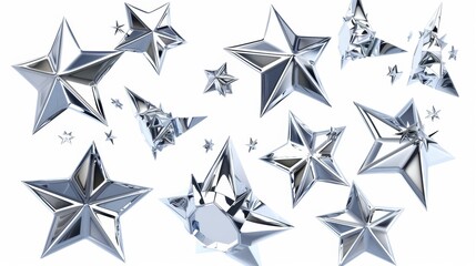 3d chrome stars set in a futuristic y2k style isolated on white background. Render 3d cyber chrome galaxy emoji with falling and flying stars, blings and sparks. - obrazy, fototapety, plakaty