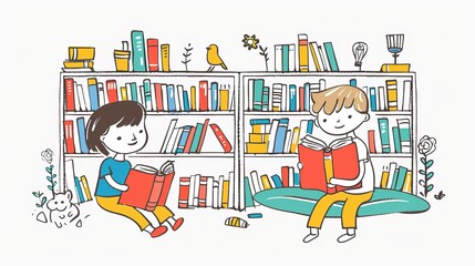 Illustration of children reading and playing around bookshelves. Simple outline modern illustration.