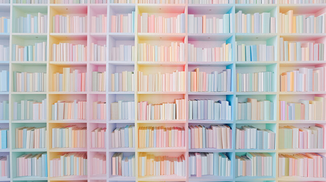 Mock-up of bookshelf with a lot of colorful pastel book spine stacking in the shelf with plain cover on a bright background. New modern minimal style.