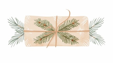Holiday gift box decoration with fir branches, string, and ribbons. Modern illustration isolated on white.