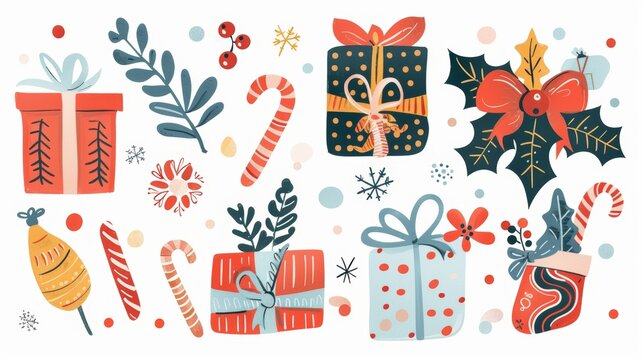 Sticker for holiday holidays, Christmas and New Year composition with festive gifts, present boxes and candy canes. Flat modern illustration on white background with a dream come true message.