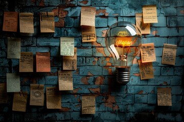 A brainstorming board filled with colorful sticky notes surrounding a central glowing light bulb, illustrating a hub of creative business plan ideas   - Powered by Adobe