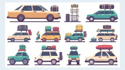 Set of back views of an auto inside with suitcases, travel bags, and people driving on summer vacation, weekend camping, journeying, and moving stuff with stuff. Modern flat illustrations.