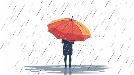 The sad character sits under the upturned umbrella in a heavy rainstorm, wind and a downpour. The background is white with a flat graphic modern illustration of person standing in a rainstorm, - obrazy, fototapety, plakaty
