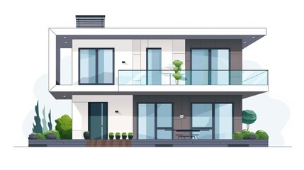 The exterior of a building with a terrace. An exterior of a two-story house. A facade of a mansion. A view of the outdoors. Real estate illustration. Flat modern illustration isolated on a white