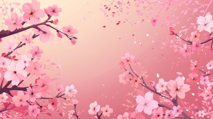 An illustration of spring cherry blossoms, floral plants with gentle delicate blooms, flora, springtime season. Japanese hanami with flowers, trees, Japan nature backdrop.