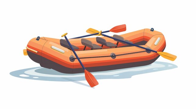 The inflatable rubber boat has oars. Water transport, rowing vessel with paddles. A rafting vehicle for recreation or leisure. Lifeboat. Flat modern illustration isolated on white.