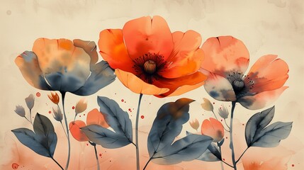 The blue flower watercolor art triptych wall art modern has orange and pink Floral Bouquets, wildflowers, and leaves hand-painted for wall decor, posters, and wallpapers.
