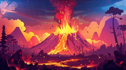 Modern cartoon illustration of a prehistoric volcanic island, with hot magma flowing from the crater and fire blazing in the forest.