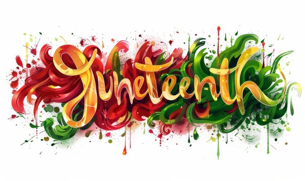 Juneteenth - lettering on abstract painted splash background. Modern calligraphy handlettering. Freedom Day concept.