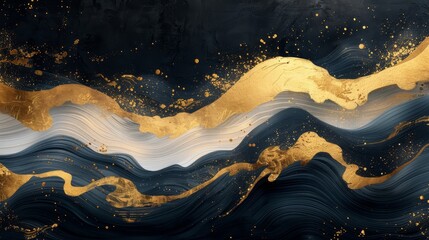 With black and gold brush stroke texture with Japanese ocean wave pattern in vintage style. Abstract art landscape banner design with watercolor texture modern. Bamboo element.